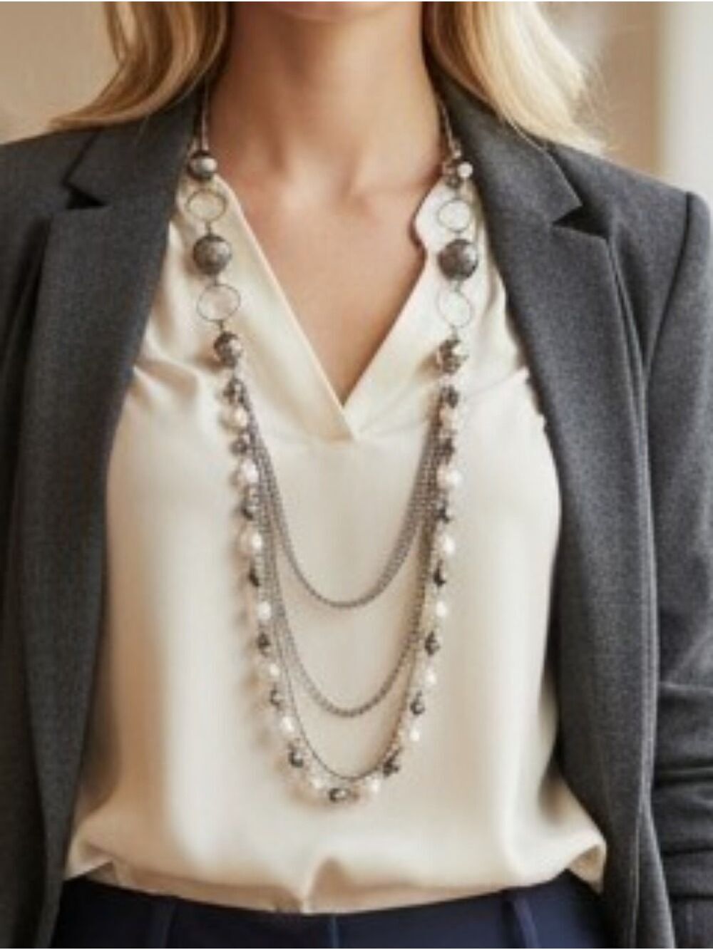 Silvertone Multi Strand Faux Pearl Necklace